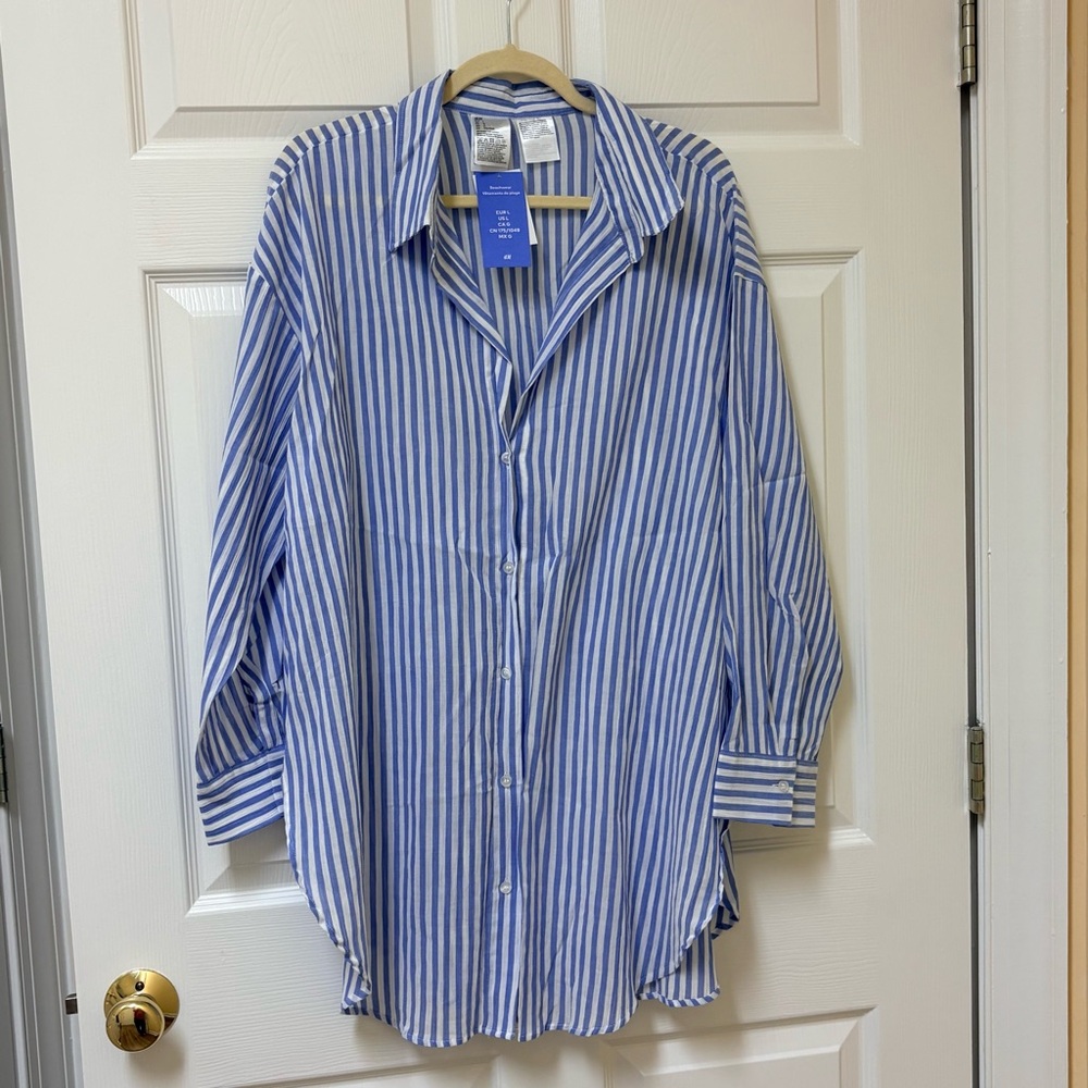 H&M Blue and White Striped Swim Coverup Shirt